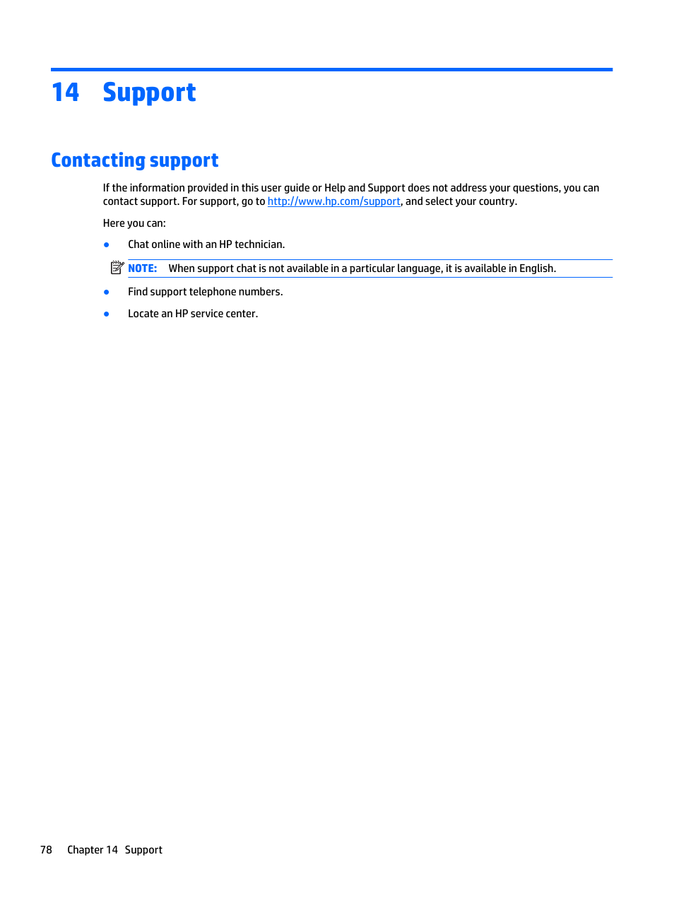 Support, Contacting support, 14 support | HP EliteBook 840 G3 User Manual | Page 88 / 100