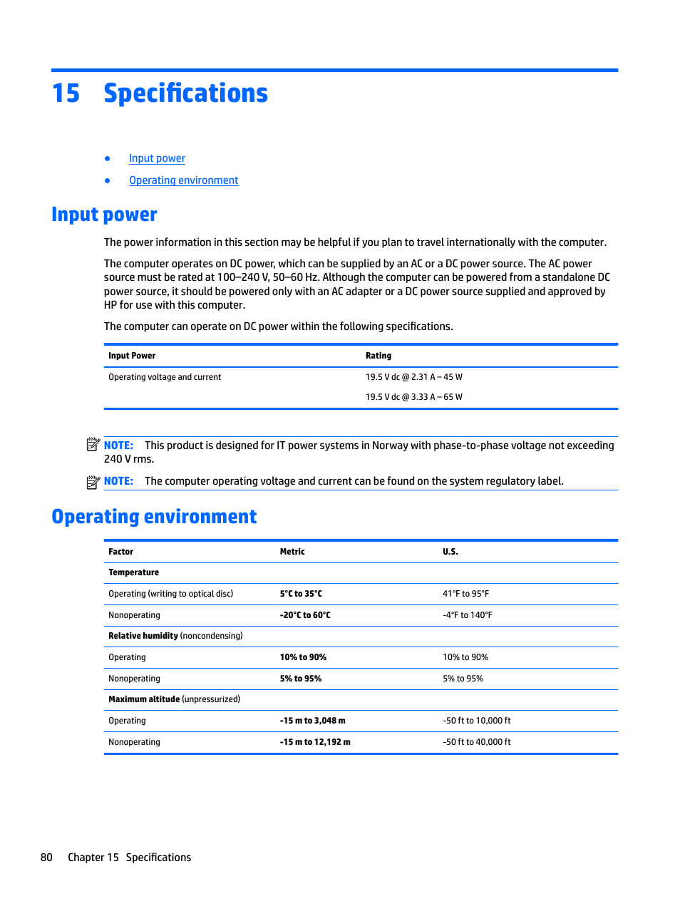 Specifications, Input power, Operating environment | 15 specifications, Input power operating environment | HP EliteBook 840 G3 User Manual | Page 90 / 100