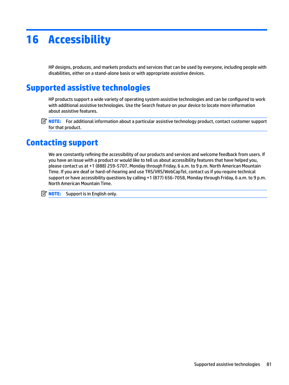 Accessibility, Supported assistive technologies, Contacting support | 16 accessibility | HP EliteBook 840 G3 User Manual | Page 91 / 100