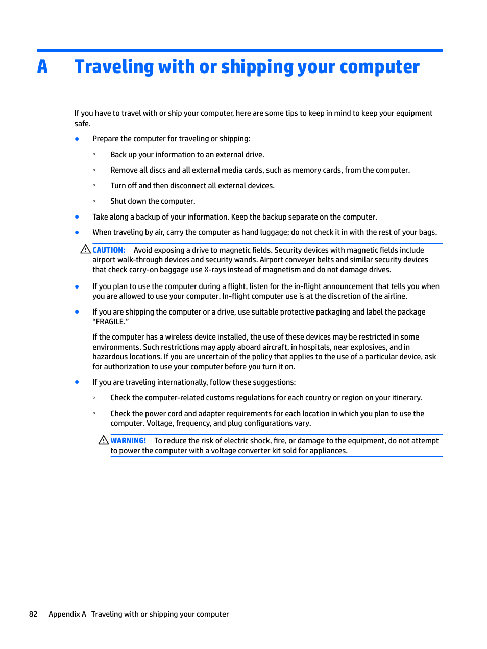 Traveling with or shipping your computer, Atraveling with or shipping your computer | HP EliteBook 840 G3 User Manual | Page 92 / 100