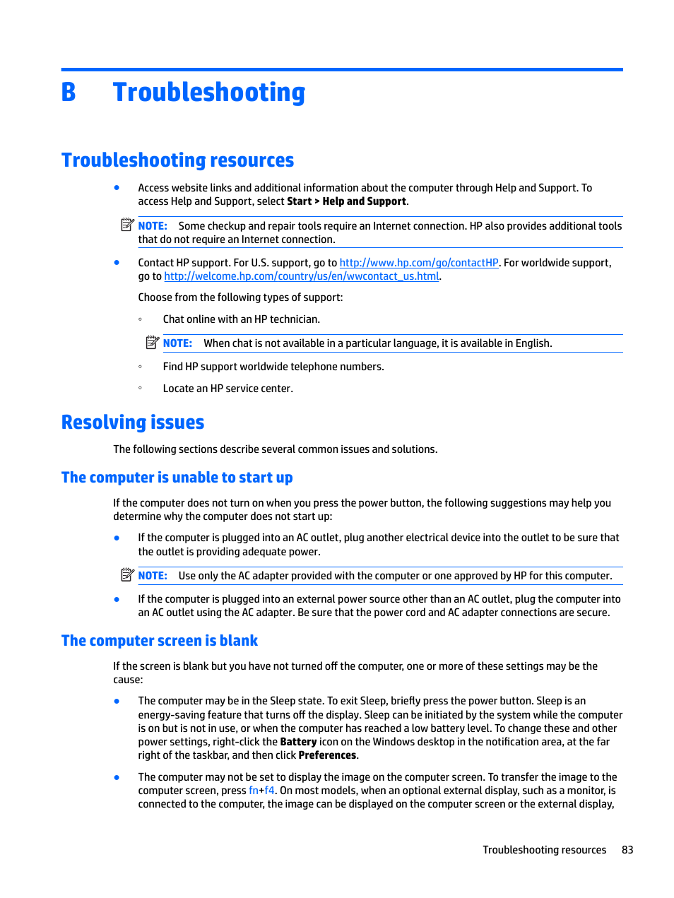 Troubleshooting, Troubleshooting resources, Resolving issues | The computer is unable to start up, The computer screen is blank, Appendix b troubleshooting, Troubleshooting resources resolving issues, Btroubleshooting | HP EliteBook 840 G3 User Manual | Page 93 / 100