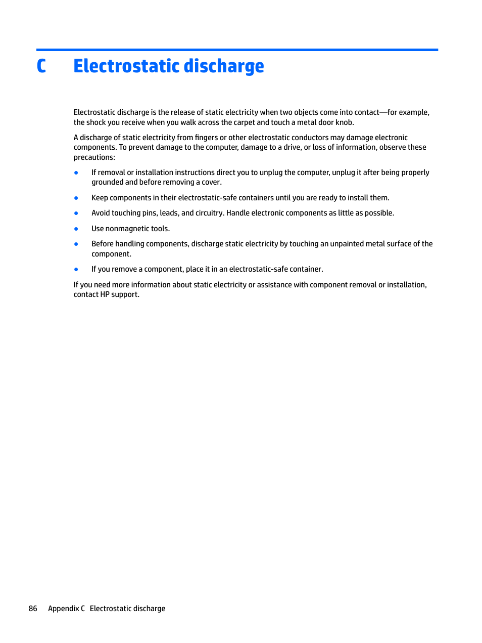 Electrostatic discharge, Appendix c electrostatic discharge, Celectrostatic discharge | HP EliteBook 840 G3 User Manual | Page 96 / 100