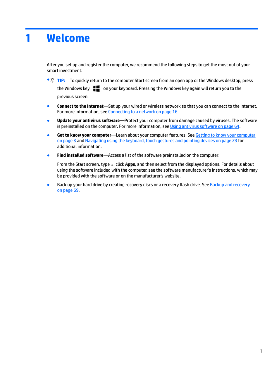 Welcome, 1 welcome, 1welcome | HP EliteBook 840 G3 User Manual | Page 11 / 101