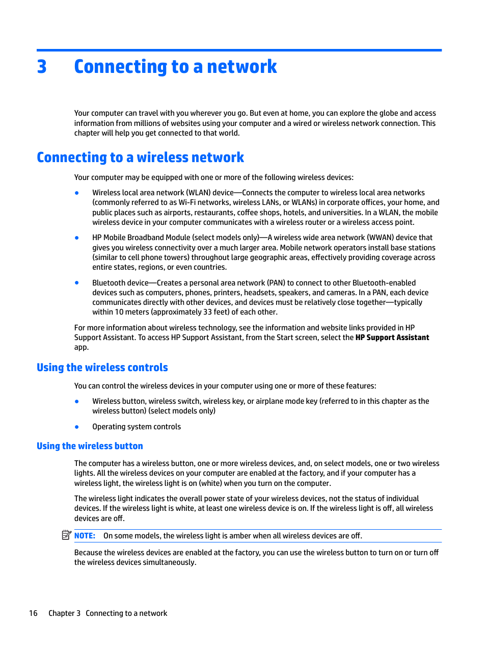 Connecting to a network, Connecting to a wireless network, Using the wireless controls | Using the wireless button, 3 connecting to a network, Tion, see, 3connecting to a network | HP EliteBook 840 G3 User Manual | Page 26 / 101