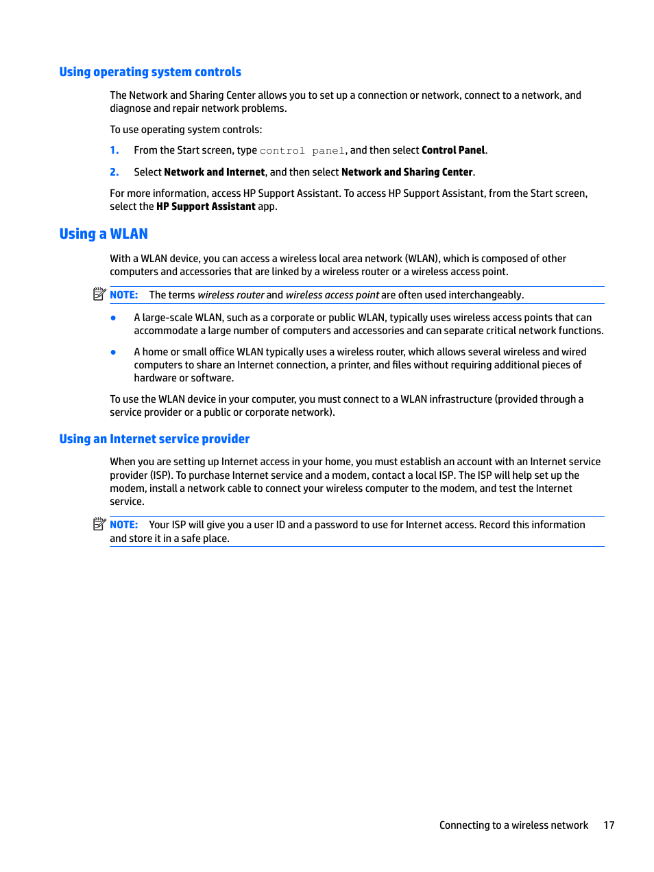 Using operating system controls, Using a wlan, Using an internet service provider | HP EliteBook 840 G3 User Manual | Page 27 / 101