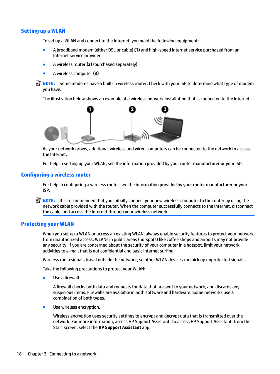 Setting up a wlan, Configuring a wireless router, Protecting your wlan | HP EliteBook 840 G3 User Manual | Page 28 / 101