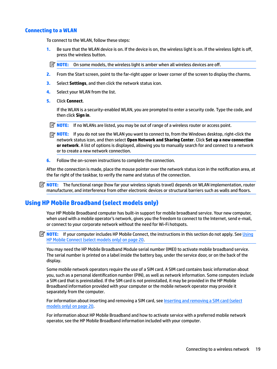 Connecting to a wlan, Using hp mobile broadband (select models only) | HP EliteBook 840 G3 User Manual | Page 29 / 101