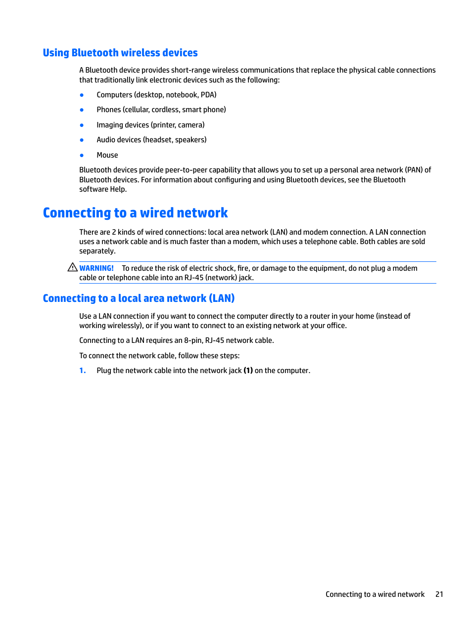 Using bluetooth wireless devices, Connecting to a wired network, Connecting to a local area network (lan) | HP EliteBook 840 G3 User Manual | Page 31 / 101