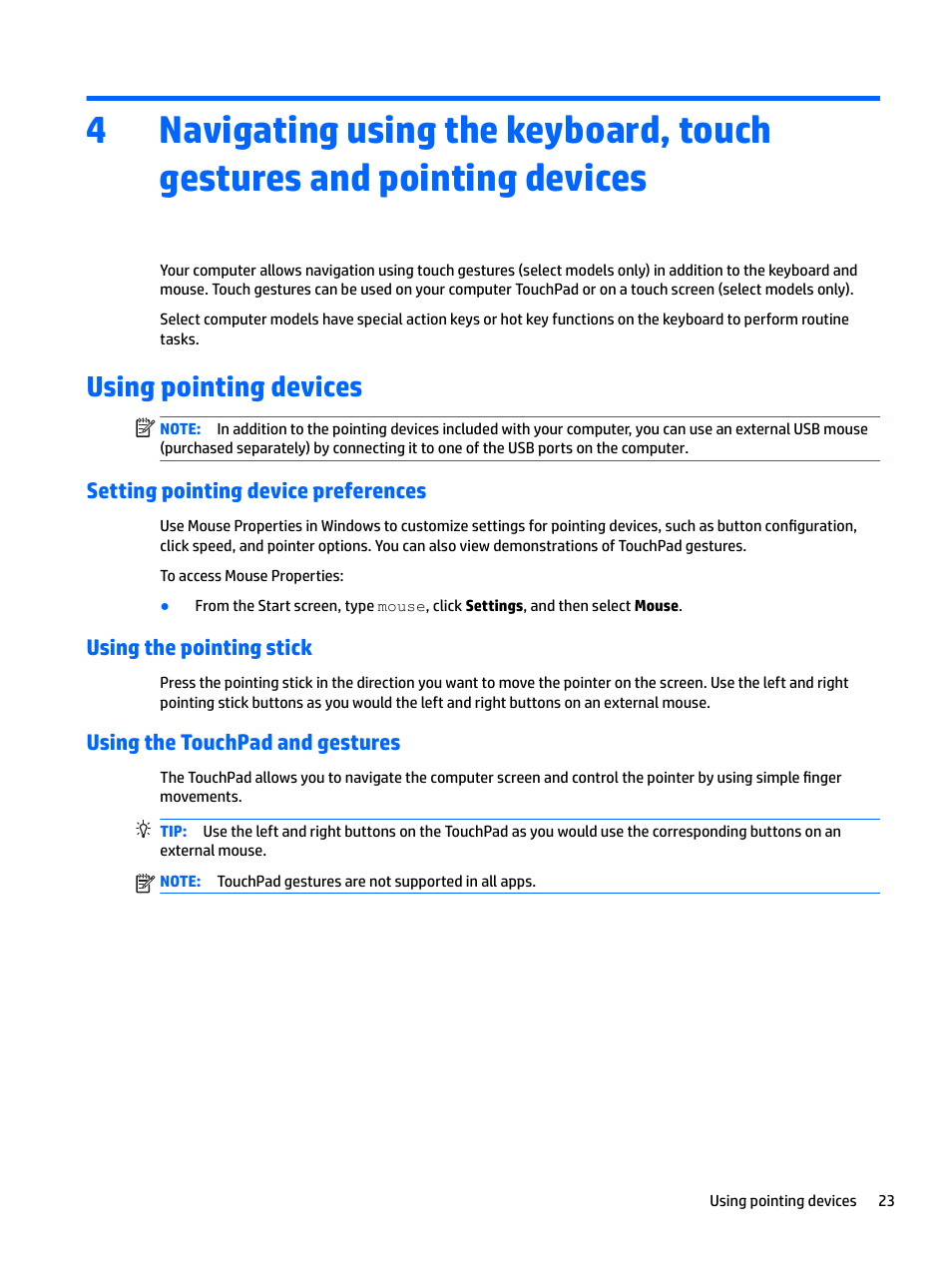 Using pointing devices, Setting pointing device preferences, Using the pointing stick | Using the touchpad and gestures | HP EliteBook 840 G3 User Manual | Page 33 / 101