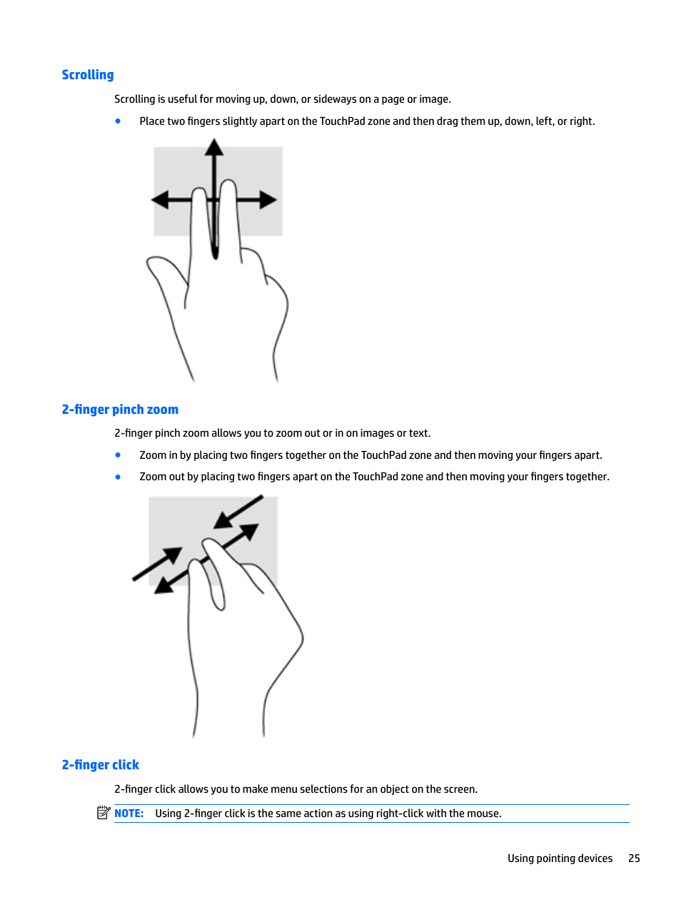 Scrolling, Finger pinch zoom, Finger click | Scrolling 2-finger pinch zoom 2-finger click | HP EliteBook 840 G3 User Manual | Page 35 / 101