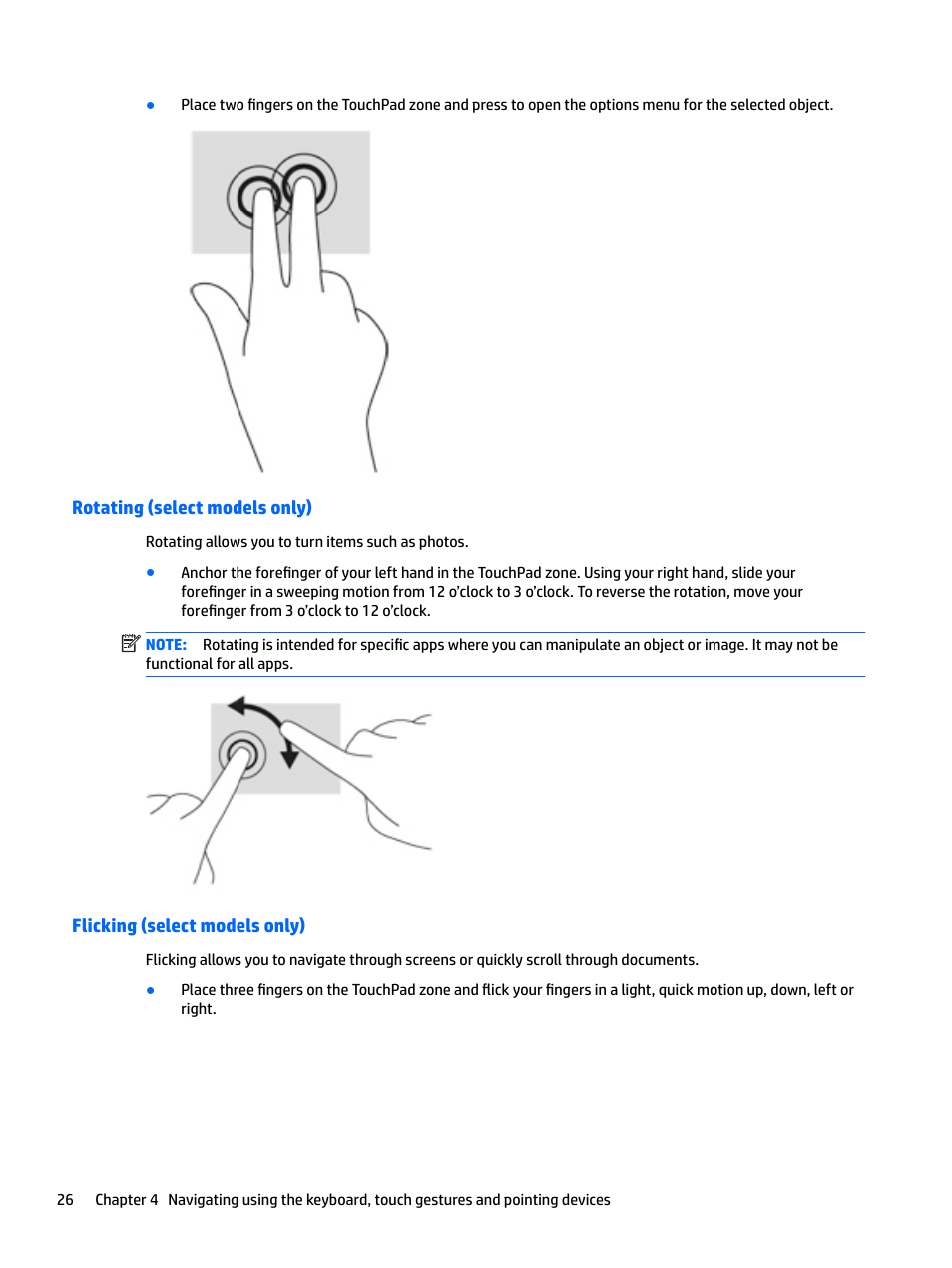 Rotating (select models only), Flicking (select models only) | HP EliteBook 840 G3 User Manual | Page 36 / 101