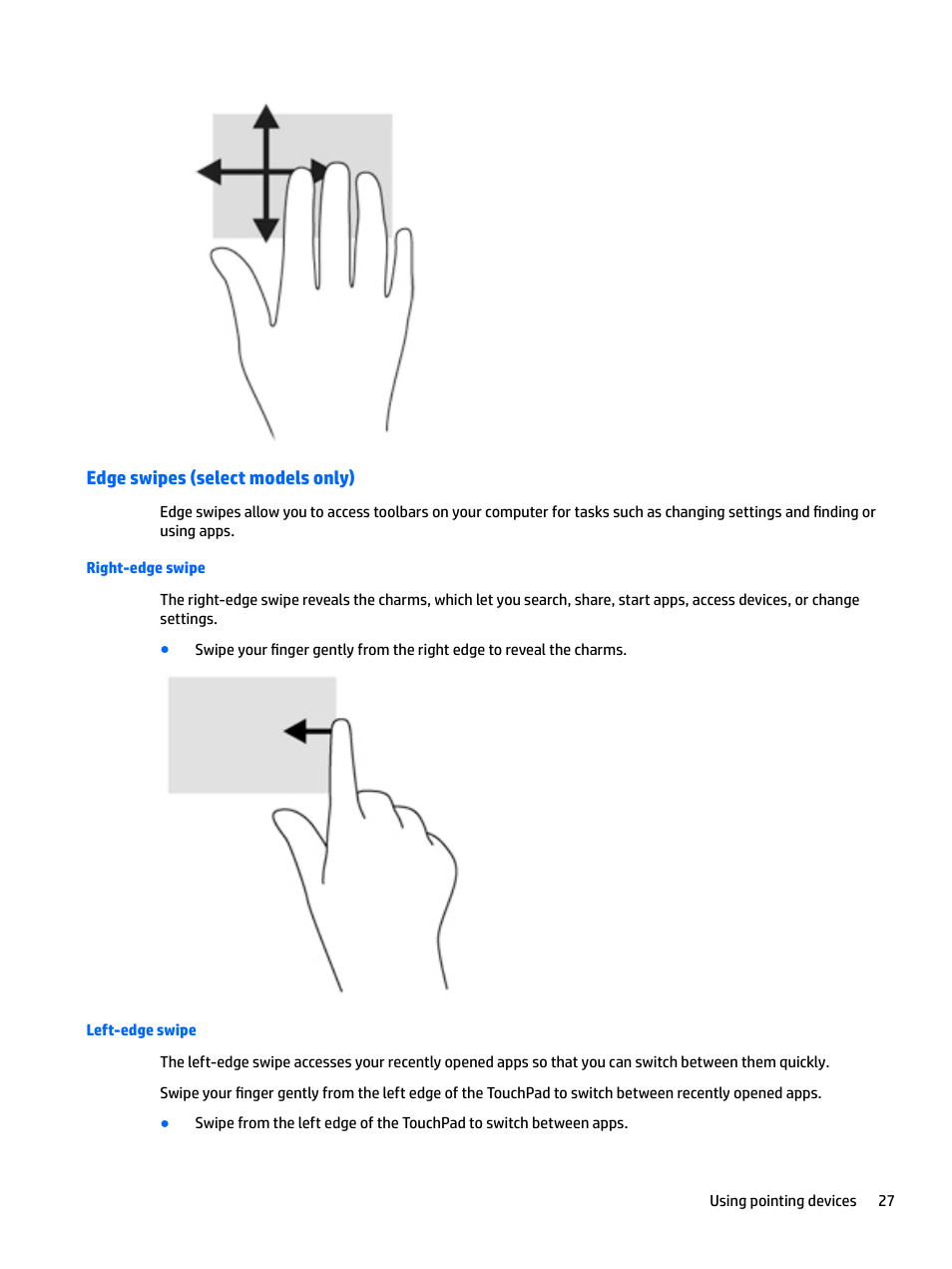 Edge swipes (select models only), Right-edge swipe, Left-edge swipe | Right-edge swipe left-edge swipe | HP EliteBook 840 G3 User Manual | Page 37 / 101