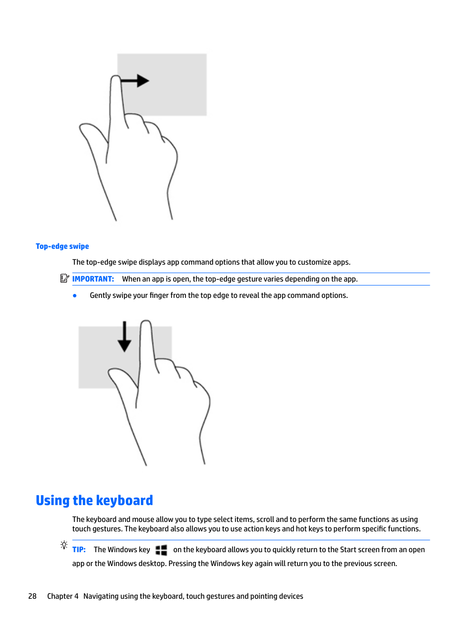 Top-edge swipe, Using the keyboard | HP EliteBook 840 G3 User Manual | Page 38 / 101