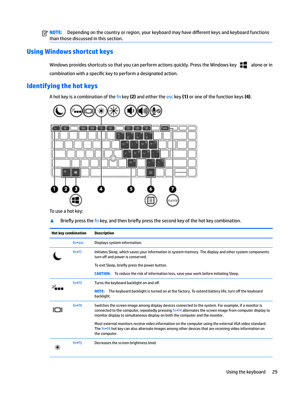 Using windows shortcut keys, Identifying the hot keys | HP EliteBook 840 G3 User Manual | Page 39 / 101