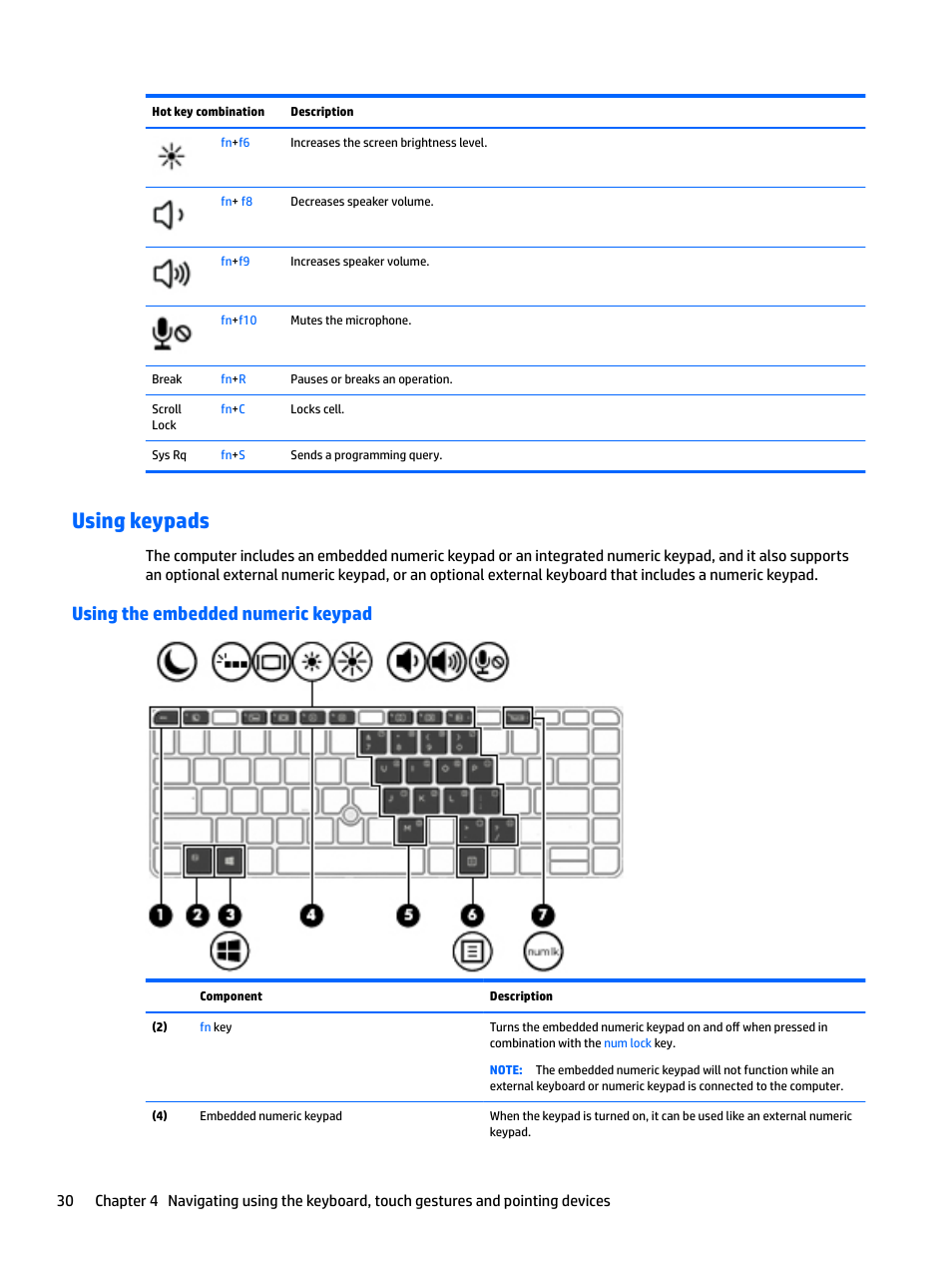Using keypads, Using the embedded numeric keypad | HP EliteBook 840 G3 User Manual | Page 40 / 101