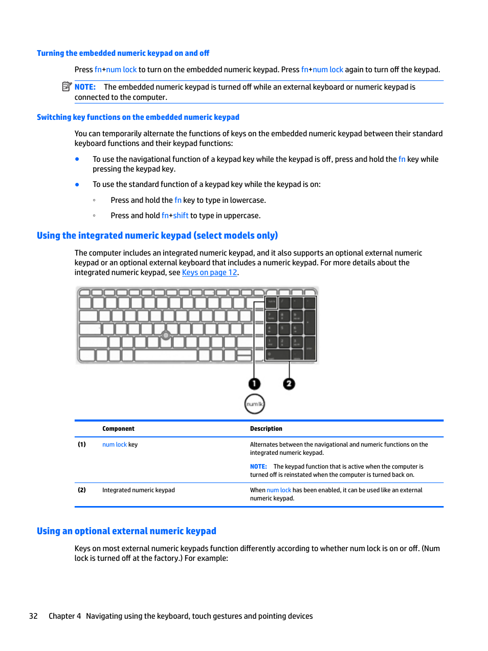 Turning the embedded numeric keypad on and off, Using an optional external numeric keypad | HP EliteBook 840 G3 User Manual | Page 42 / 101