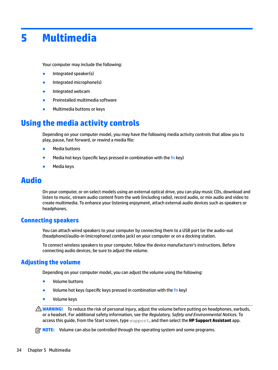 Multimedia, Using the media activity controls, Audio | Connecting speakers, Adjusting the volume, 5 multimedia, Using the media activity controls audio, Connecting speakers adjusting the volume, 5multimedia | HP EliteBook 840 G3 User Manual | Page 44 / 101