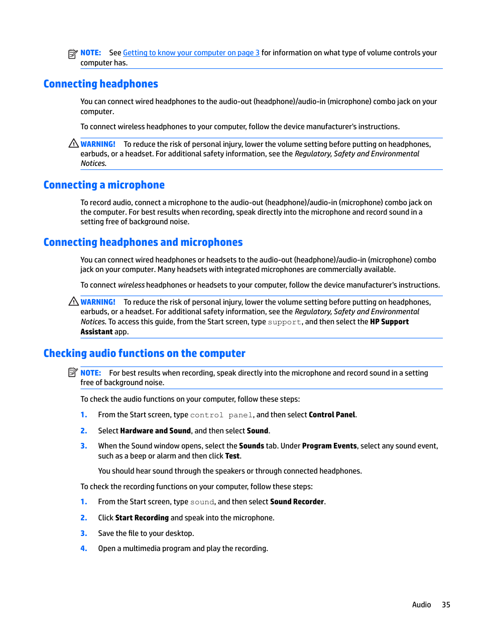 Connecting headphones, Connecting a microphone, Connecting headphones and microphones | Checking audio functions on the computer | HP EliteBook 840 G3 User Manual | Page 45 / 101