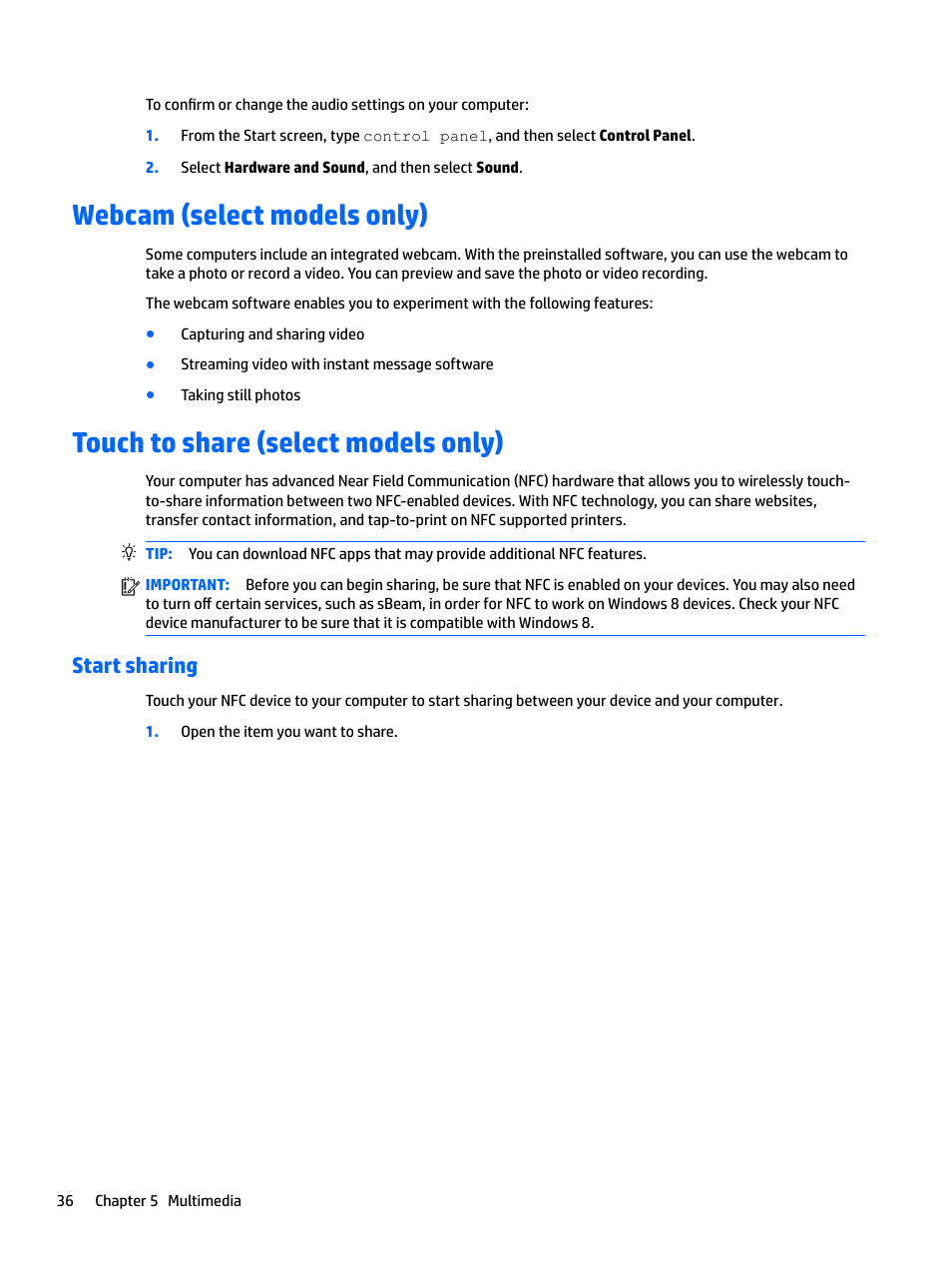 Webcam (select models only), Touch to share (select models only), Start sharing | HP EliteBook 840 G3 User Manual | Page 46 / 101