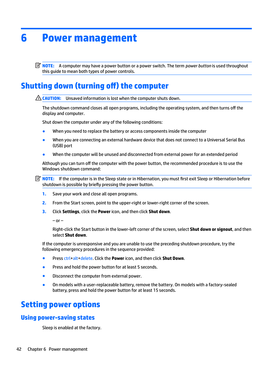 Power management, Shutting down (turning off) the computer, Setting power options | Using power-saving states, 6 power management, 6power management | HP EliteBook 840 G3 User Manual | Page 52 / 101