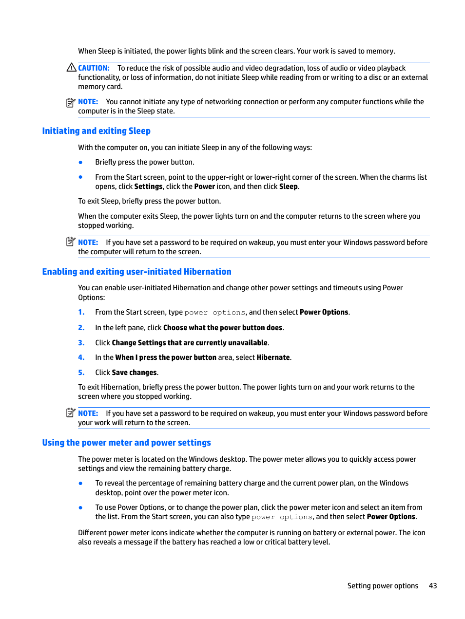 Initiating and exiting sleep, Enabling and exiting user-initiated hibernation, Using the power meter and power settings | HP EliteBook 840 G3 User Manual | Page 53 / 101