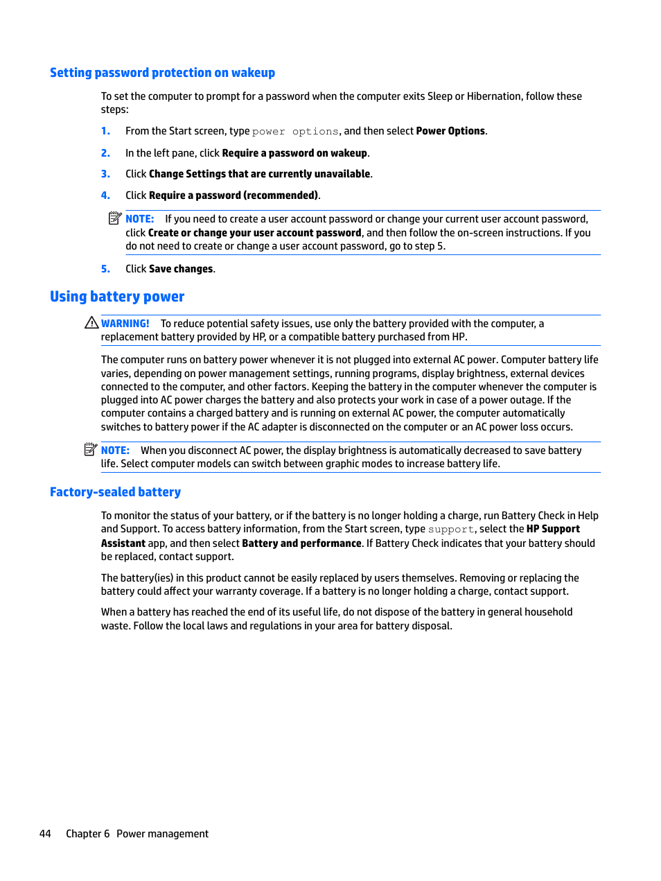 Setting password protection on wakeup, Using battery power, Factory-sealed battery | HP EliteBook 840 G3 User Manual | Page 54 / 101