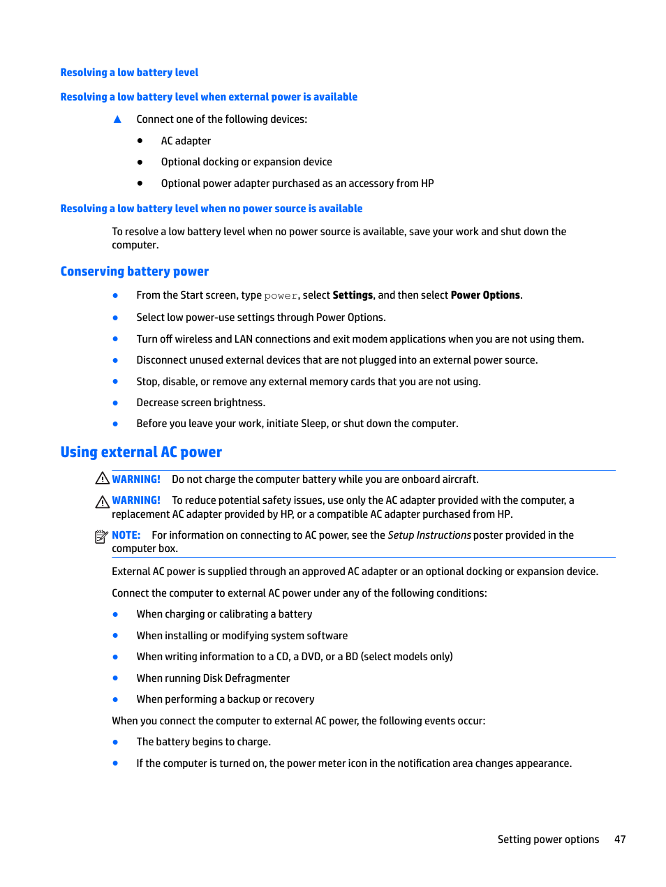 Resolving a low battery level, Conserving battery power, Using external ac power | HP EliteBook 840 G3 User Manual | Page 57 / 101