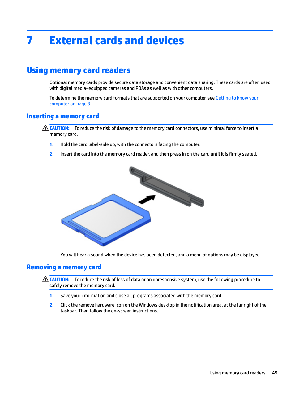 External cards and devices, Using memory card readers, Inserting a memory card | Removing a memory card, 7 external cards and devices, Inserting a memory card removing a memory card, 7external cards and devices | HP EliteBook 840 G3 User Manual | Page 59 / 101