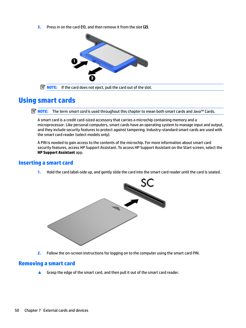 Using smart cards, Inserting a smart card, Removing a smart card | Inserting a smart card removing a smart card | HP EliteBook 840 G3 User Manual | Page 60 / 101