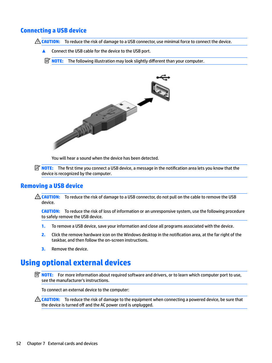 Connecting a usb device, Removing a usb device, Using optional external devices | Connecting a usb device removing a usb device | HP EliteBook 840 G3 User Manual | Page 62 / 101