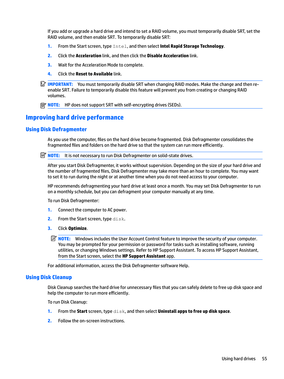 Improving hard drive performance, Using disk defragmenter, Using disk cleanup | Using disk defragmenter using disk cleanup | HP EliteBook 840 G3 User Manual | Page 65 / 101