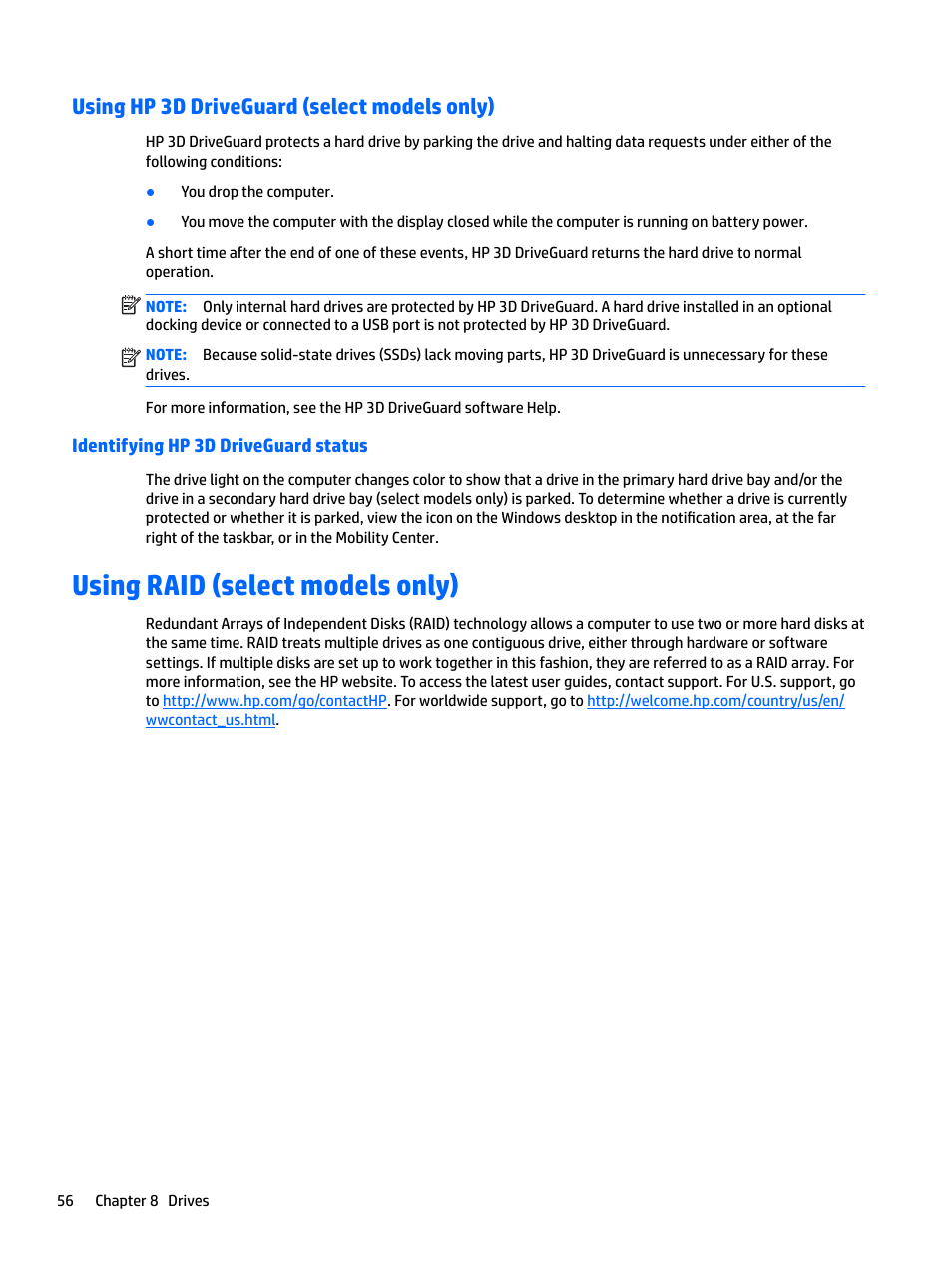 Using hp 3d driveguard (select models only), Identifying hp 3d driveguard status, Using raid (select models only) | HP EliteBook 840 G3 User Manual | Page 66 / 101
