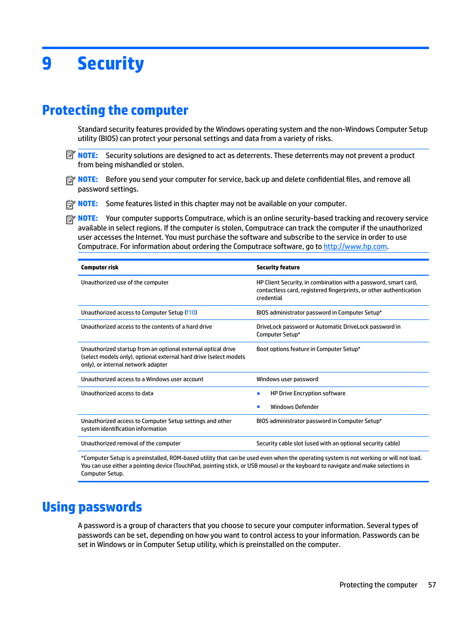 Security, Protecting the computer, Using passwords | 9 security, Protecting the computer using passwords, 9security | HP EliteBook 840 G3 User Manual | Page 67 / 101