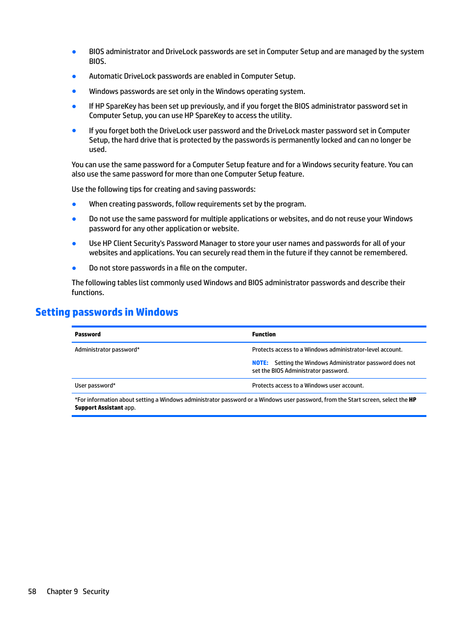 Setting passwords in windows | HP EliteBook 840 G3 User Manual | Page 68 / 101