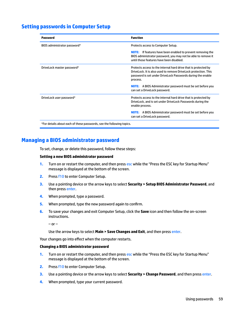 Setting passwords in computer setup, Managing a bios administrator password | HP EliteBook 840 G3 User Manual | Page 69 / 101