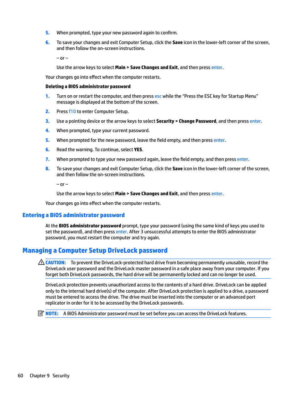 Entering a bios administrator password, Managing a computer setup drivelock password | HP EliteBook 840 G3 User Manual | Page 70 / 101