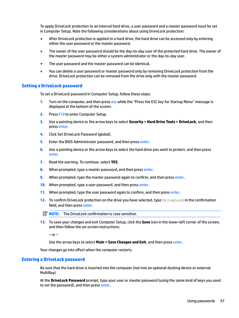 Setting a drivelock password, Entering a drivelock password | HP EliteBook 840 G3 User Manual | Page 71 / 101