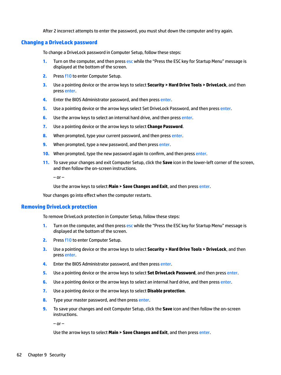 Changing a drivelock password, Removing drivelock protection | HP EliteBook 840 G3 User Manual | Page 72 / 101