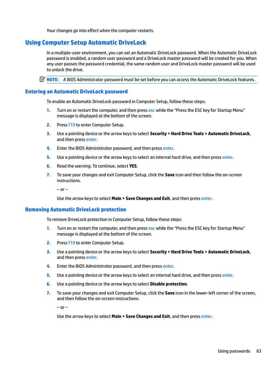 Using computer setup automatic drivelock, Entering an automatic drivelock password, Removing automatic drivelock protection | HP EliteBook 840 G3 User Manual | Page 73 / 101