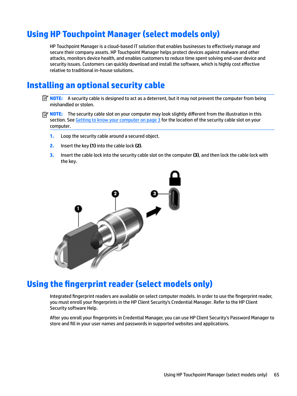 Using hp touchpoint manager (select models only), Installing an optional security cable, Using the fingerprint reader (select models only) | HP EliteBook 840 G3 User Manual | Page 75 / 101