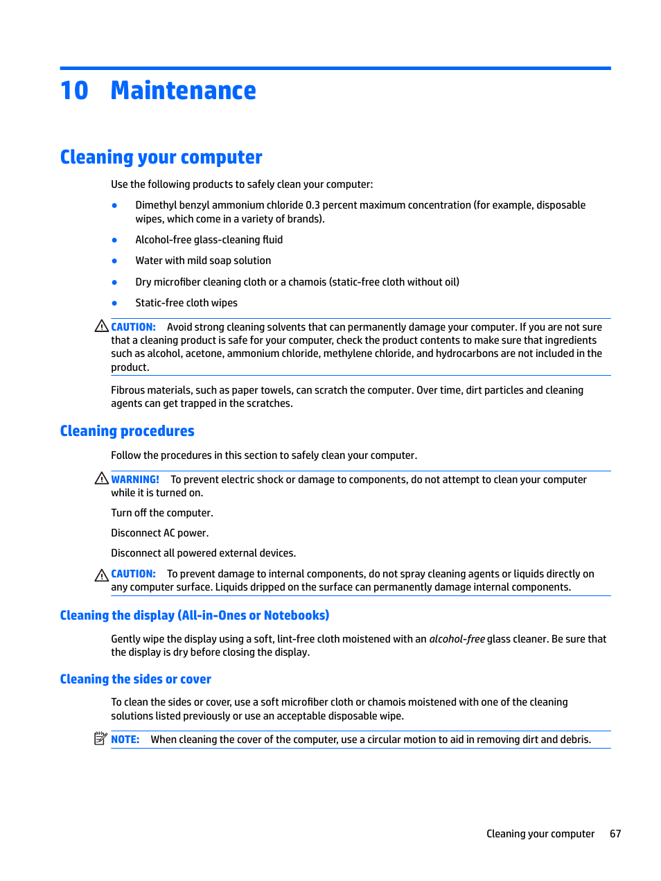 Maintenance, Cleaning your computer, Cleaning procedures | Cleaning the display (all-in-ones or notebooks), Cleaning the sides or cover, 10 maintenance | HP EliteBook 840 G3 User Manual | Page 77 / 101