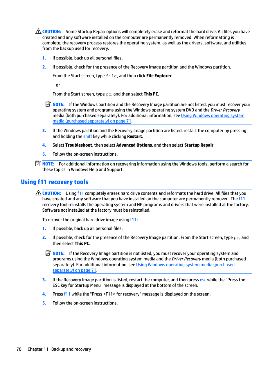 Using f11 recovery tools | HP EliteBook 840 G3 User Manual | Page 80 / 101