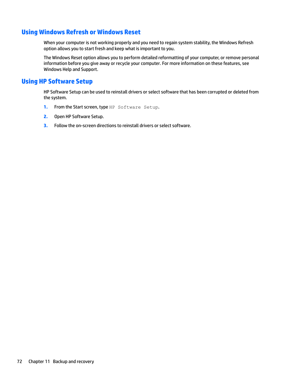 Using windows refresh or windows reset, Using hp software setup | HP EliteBook 840 G3 User Manual | Page 82 / 101