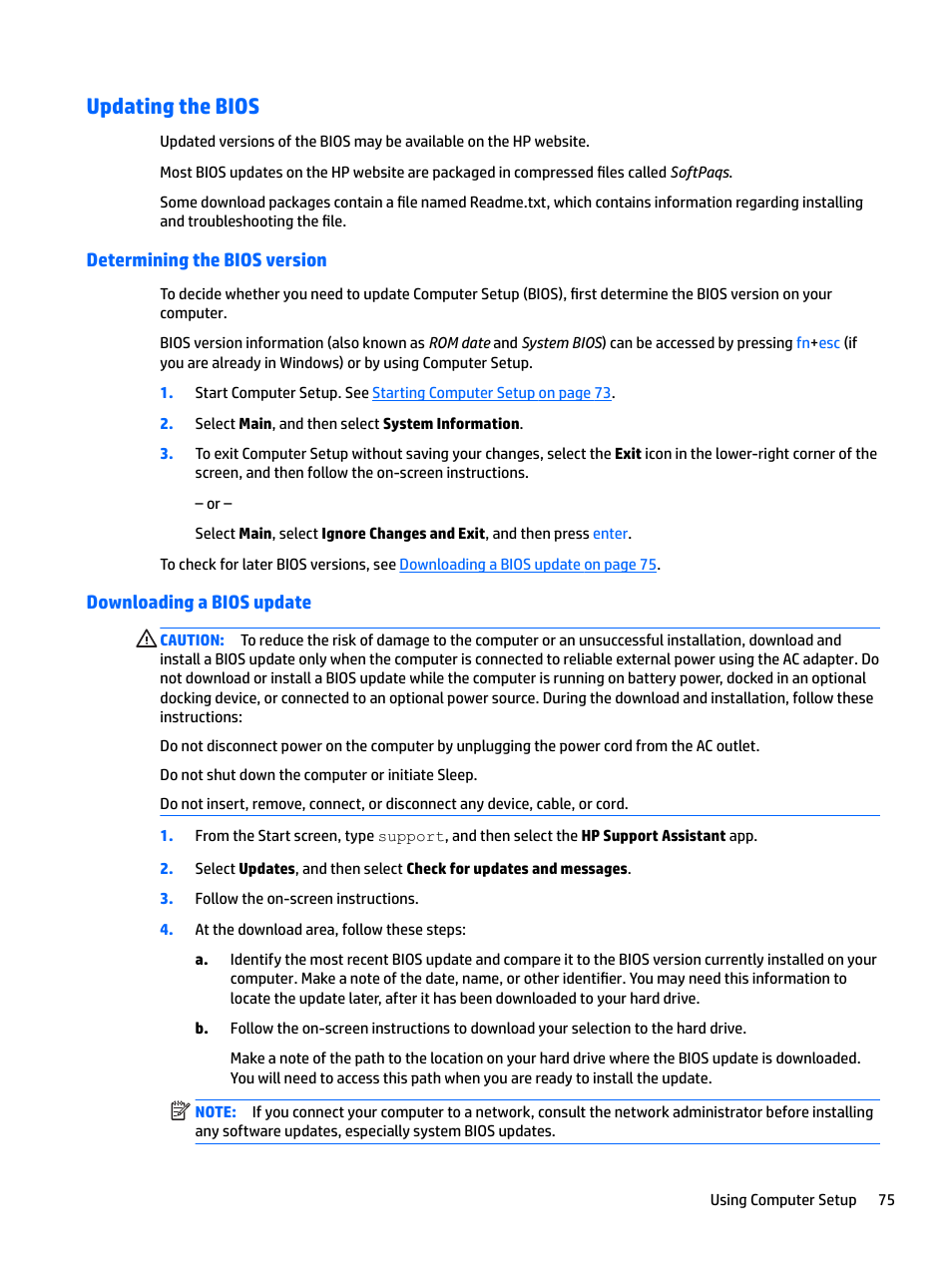 Updating the bios, Determining the bios version, Downloading a bios update | HP EliteBook 840 G3 User Manual | Page 85 / 101