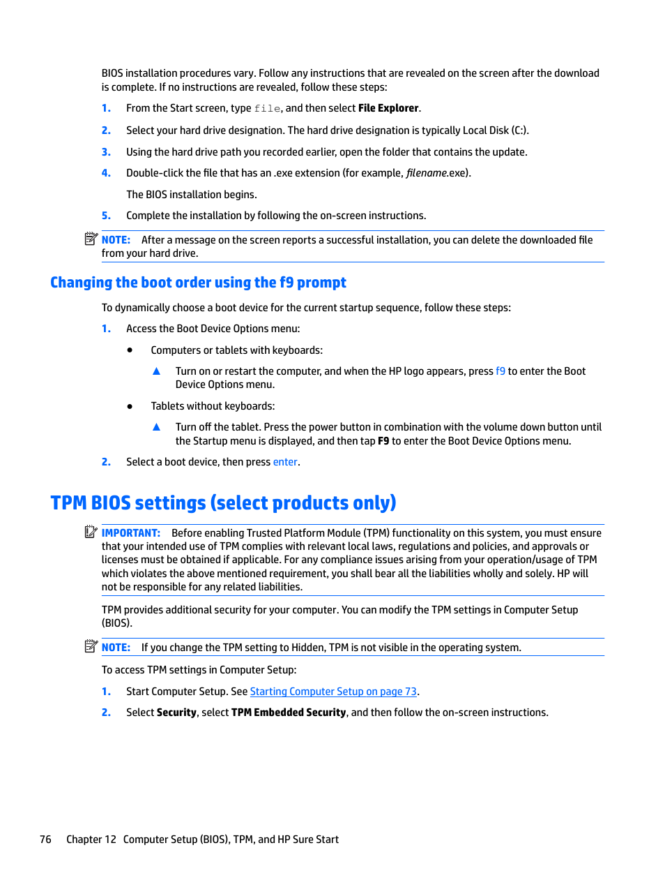 Changing the boot order using the f9 prompt, Tpm bios settings (select products only) | HP EliteBook 840 G3 User Manual | Page 86 / 101