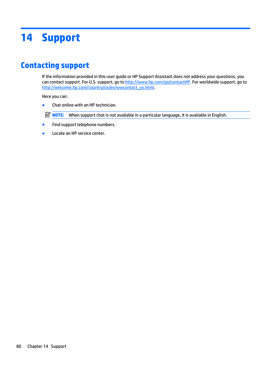 Support, Contacting support, 14 support | HP EliteBook 840 G3 User Manual | Page 90 / 101