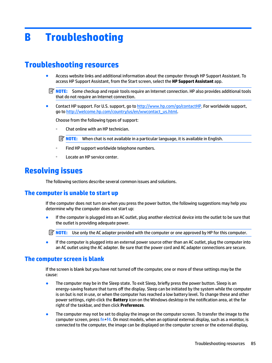 Troubleshooting, Troubleshooting resources, Resolving issues | The computer is unable to start up, The computer screen is blank, Appendix b troubleshooting, Troubleshooting resources resolving issues, Btroubleshooting | HP EliteBook 840 G3 User Manual | Page 95 / 101