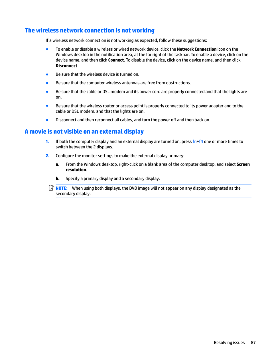 The wireless network connection is not working, A movie is not visible on an external display | HP EliteBook 840 G3 User Manual | Page 97 / 101