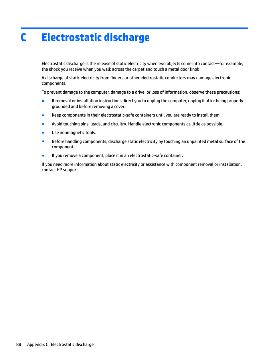 Electrostatic discharge, Appendix c electrostatic discharge, Celectrostatic discharge | HP EliteBook 840 G3 User Manual | Page 98 / 101