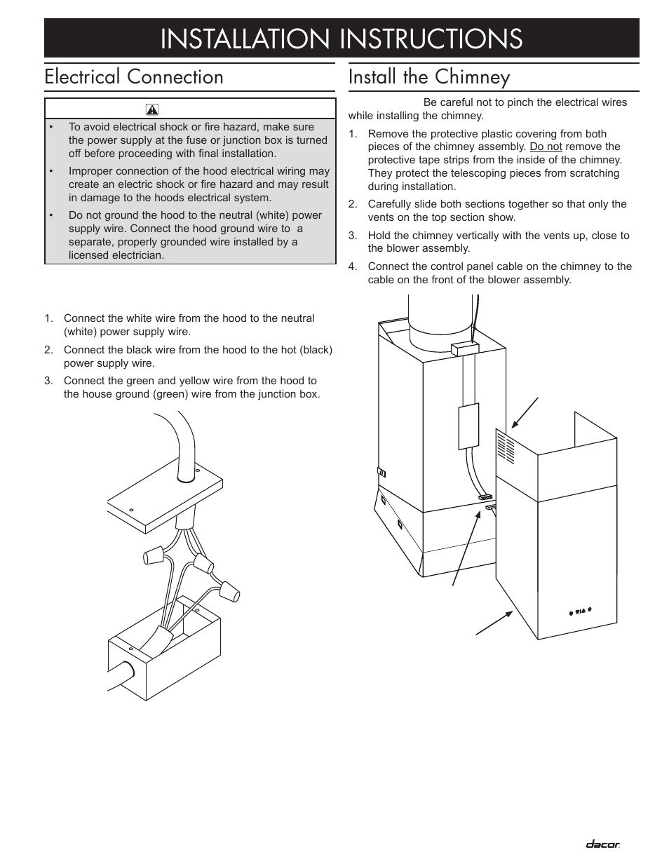 Installation instructions, Electrical connection, Install the chimney | Dacor Preference PHW User Manual | Page 11 / 16